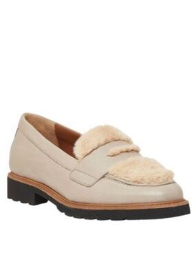 Women’s Beige Leather and Faux-Fur Trim Loafers